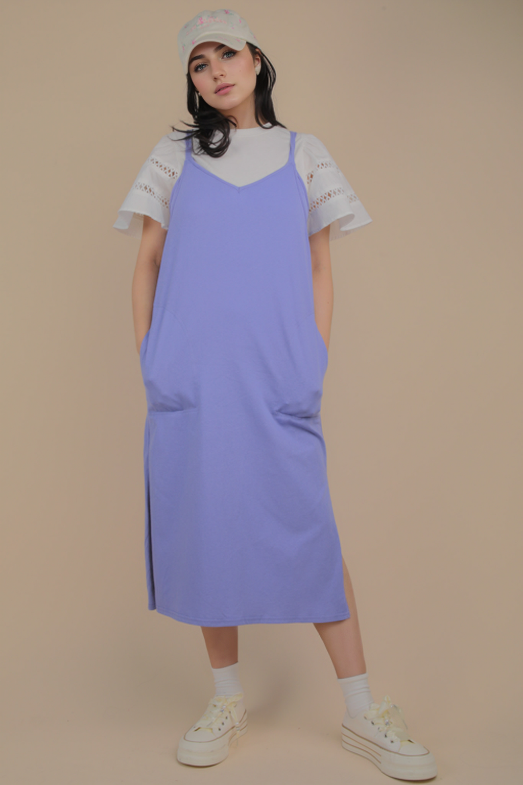 ND31605-V-Neck Sleeveless Casual Comfy Midi Dress