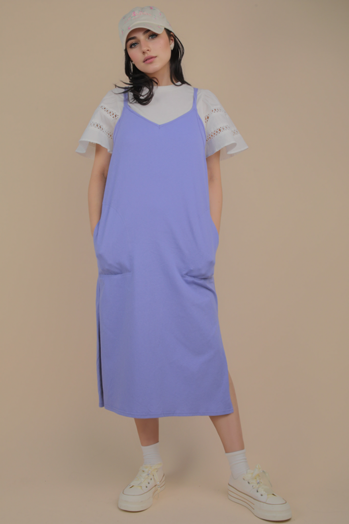 ND31605-V-Neck Sleeveless Casual Comfy Midi Dress