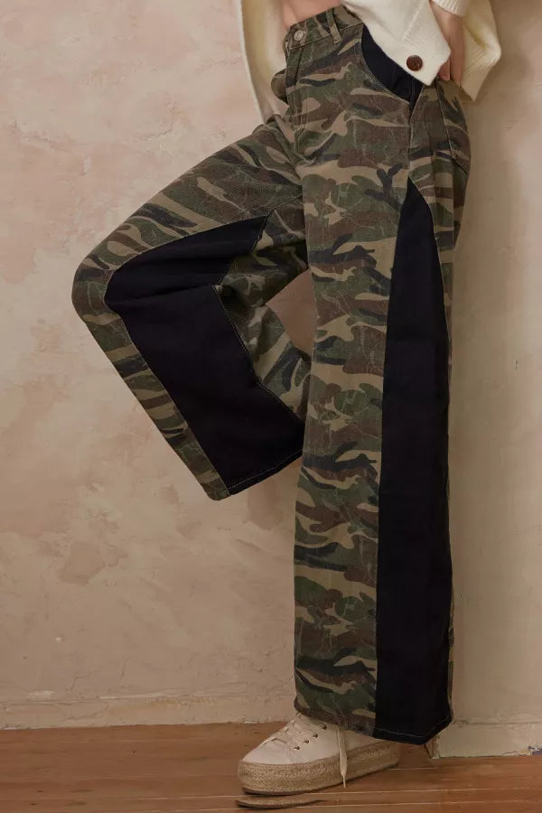 Camouflage Wide Leg Pants with Contrast Panels