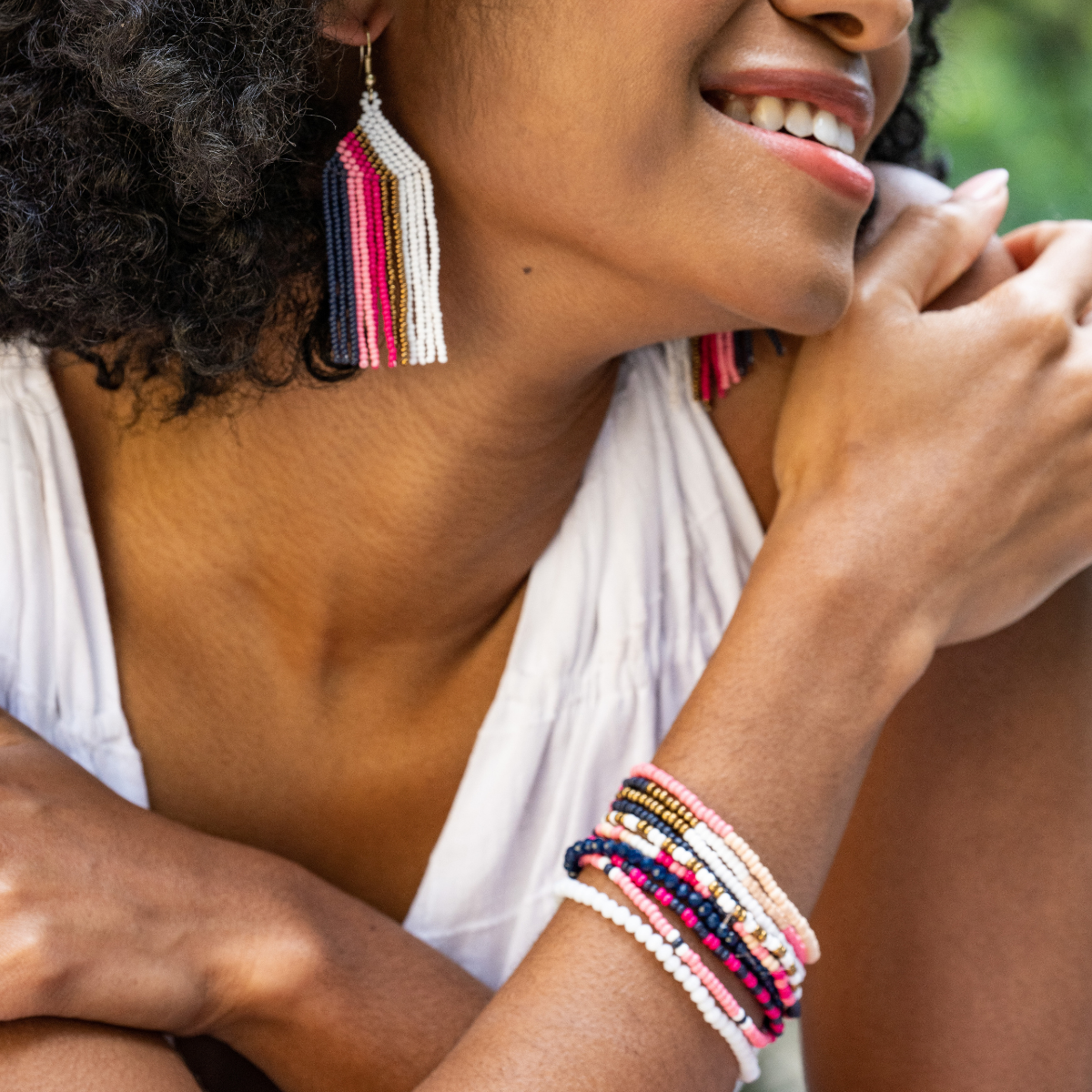 Sage Mixed Stripe Beaded Stretch Bracelets