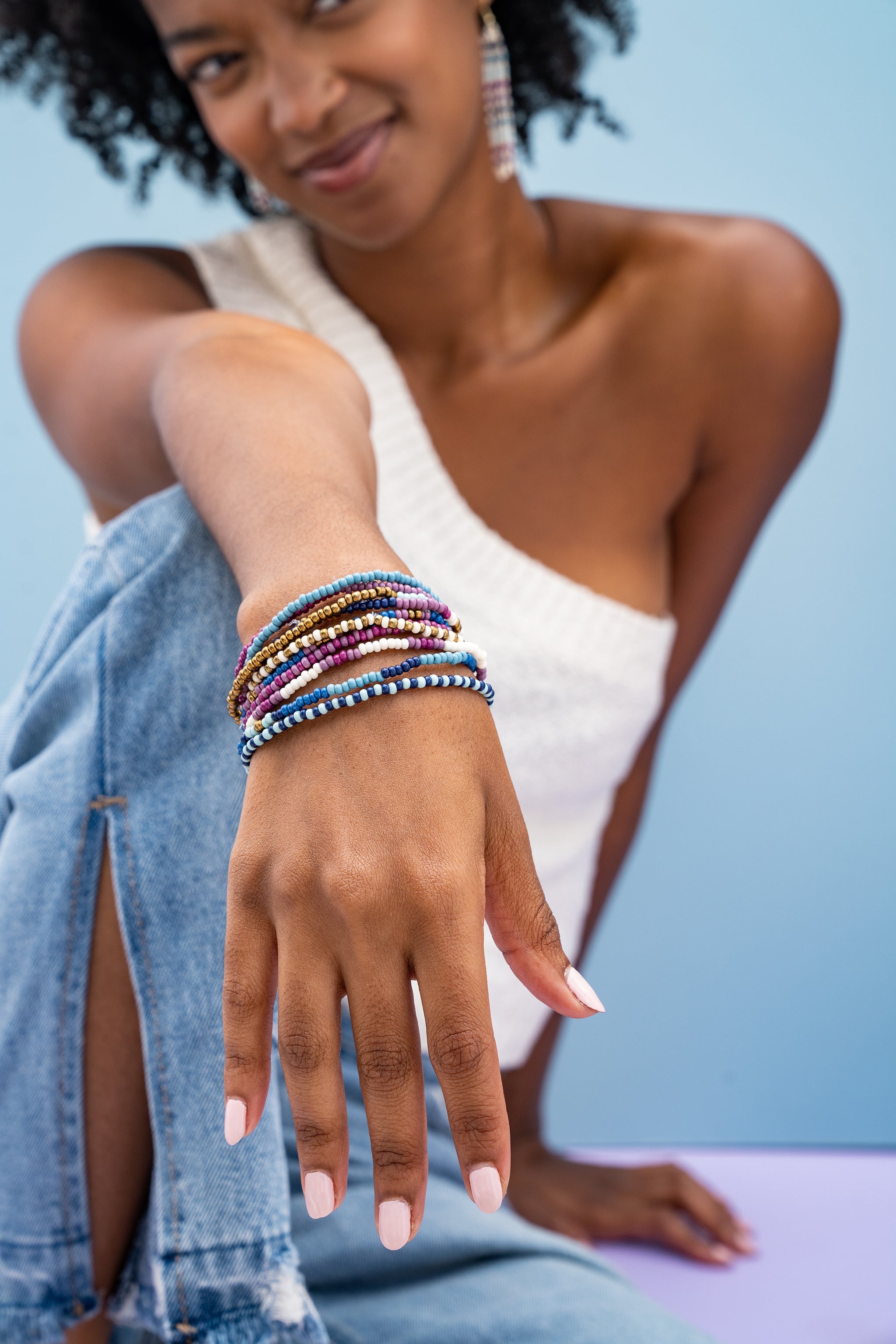 Sage Mixed Stripe Beaded Stretch Bracelets